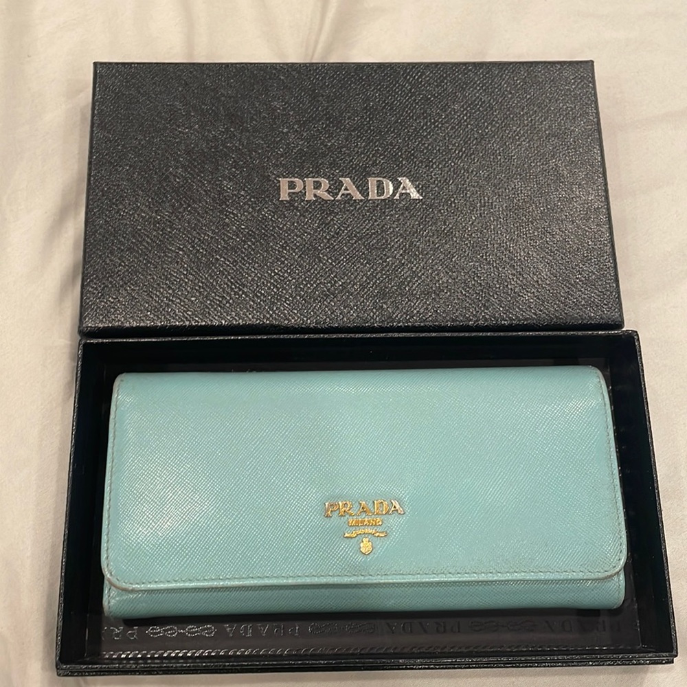Prada large saffiano leather wallet in teal/aqua